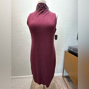 NIC+ZOE Sleeveless Beaded Neck midi Dress in Burgundy NWT Size L